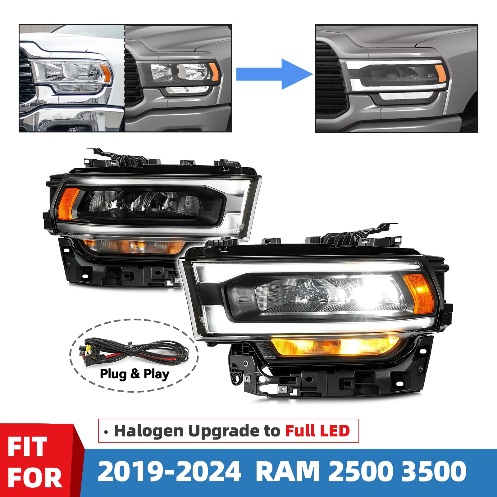 For 2019-2024 RAM 2500 3500 Halogen Upgrade Full LED Headlights W/ Module Pair
