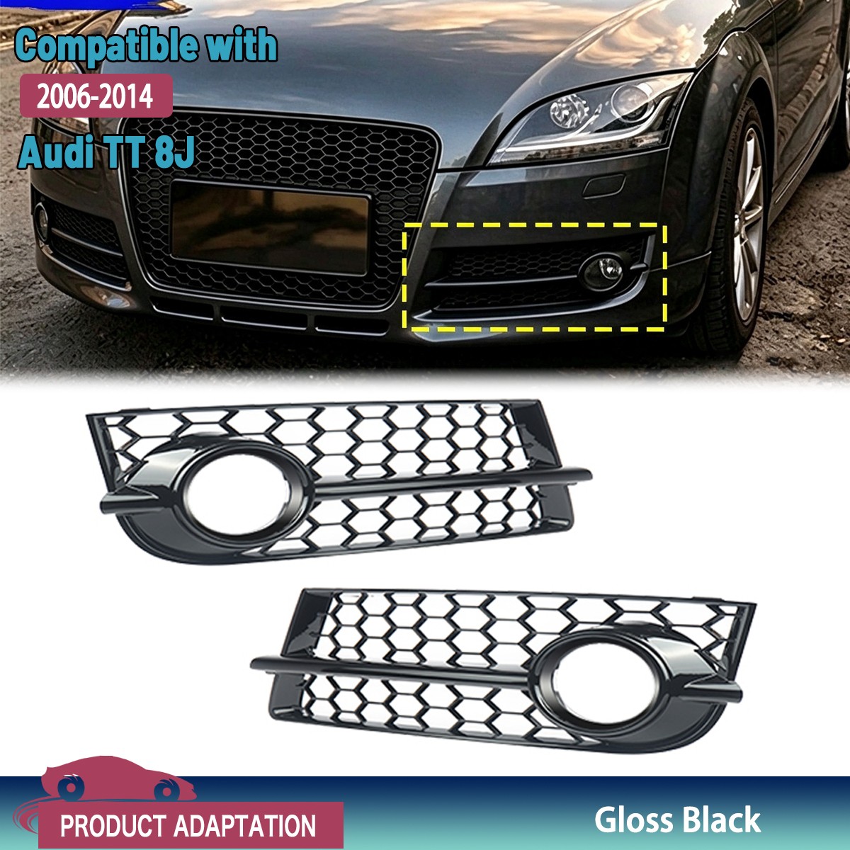 For Audi TT 8J 2006-2014 Gloss Black Ring Honeycomb Fog Light Grille Cover Pair