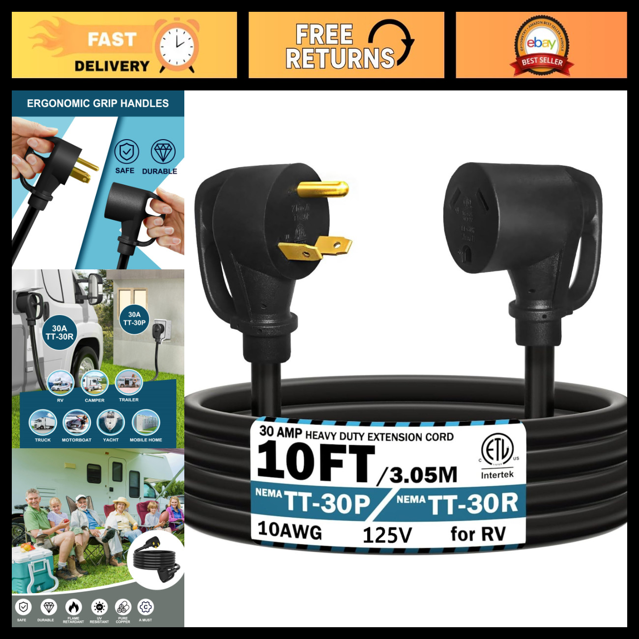 10FT RV Power Extension Cord 30 Amp, NEMA TT-30P to TT-30R, Heavy Duty 10 Gauge,