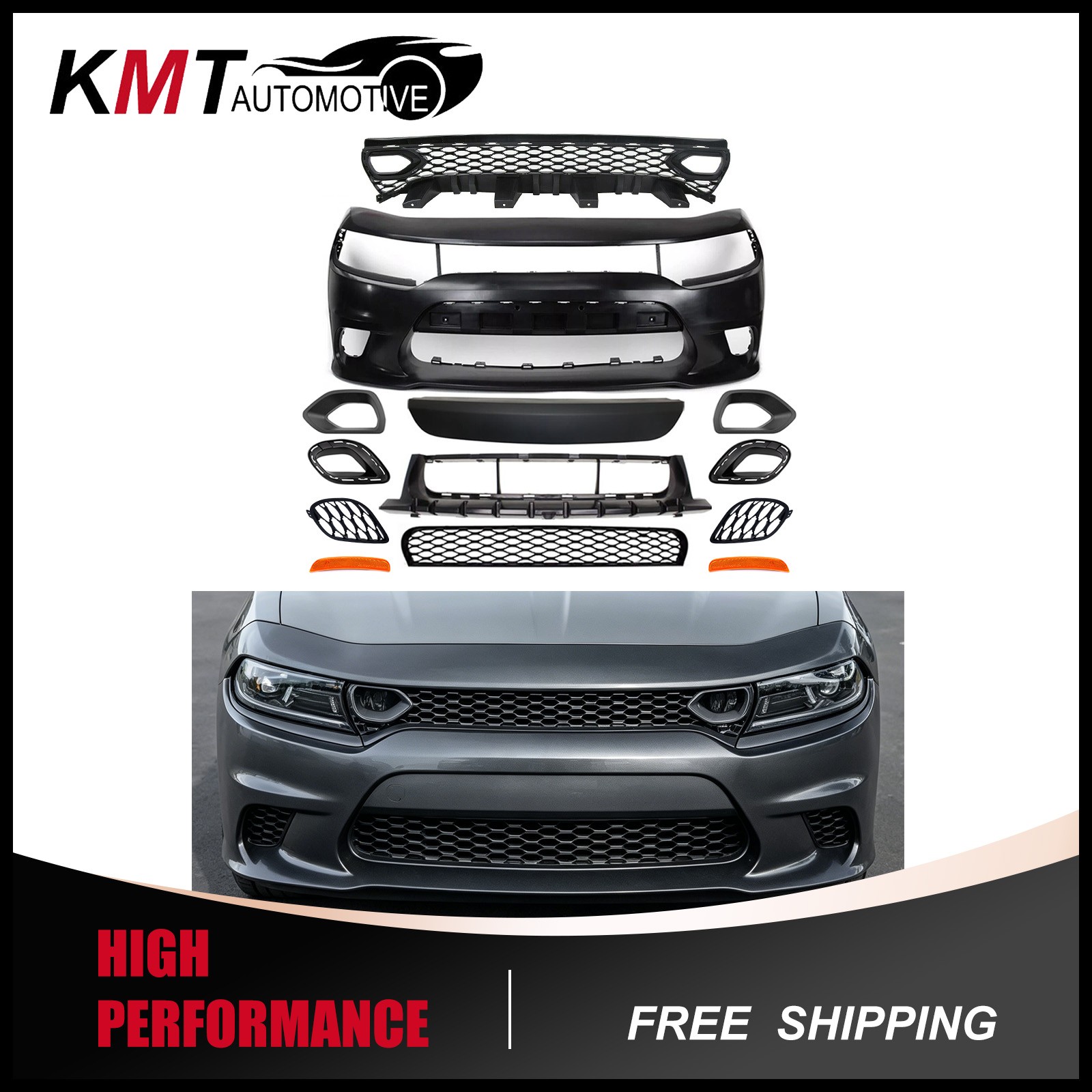 Fits 15-22 Dodge Charger W/ Side Mark Lights Hellcat Style Front Bumper Full Kit