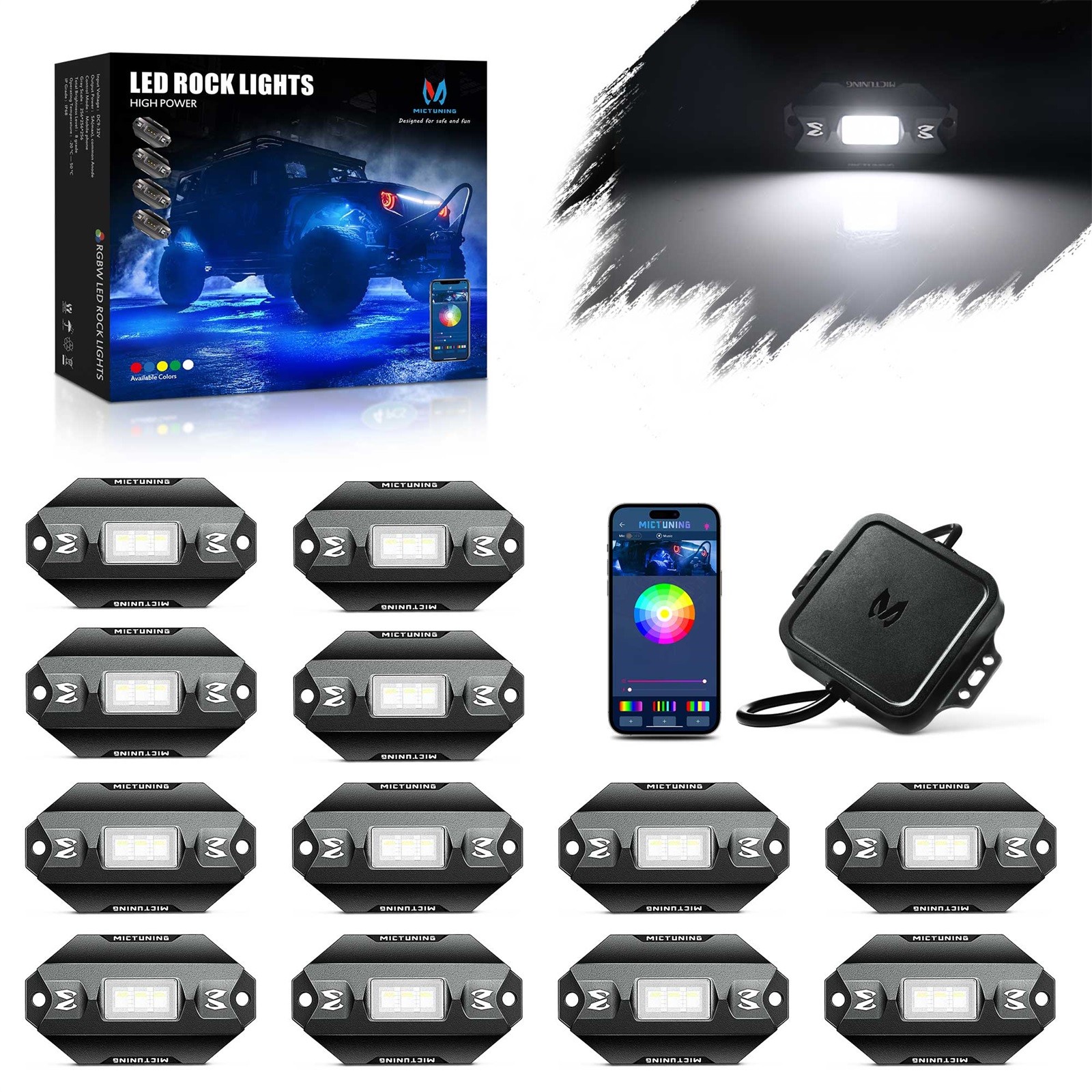 12 Pods RGBW LED Rock Lights- Color Changing Underglow Underbody System Neon Kit