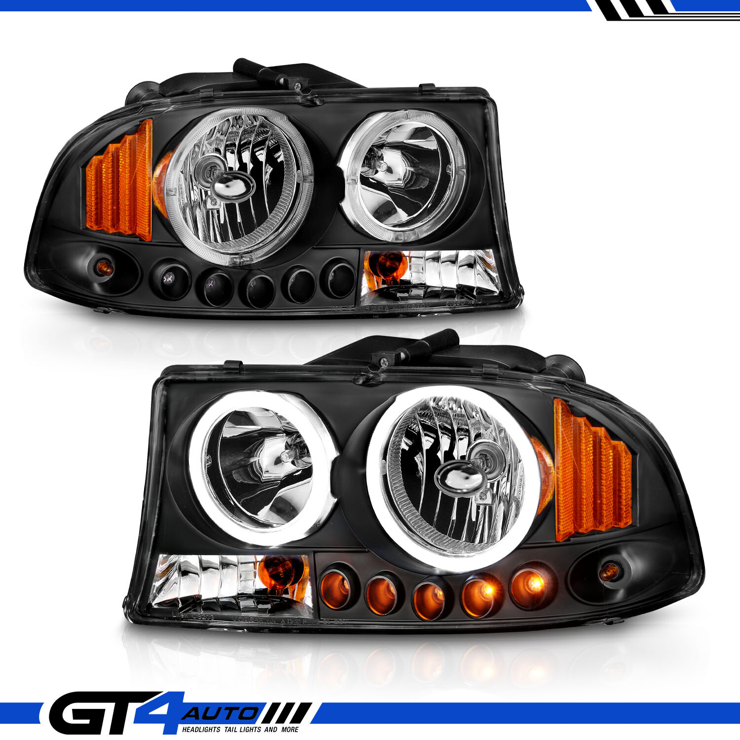 For 1997-2003 04 Dakota Dodge Durango Dual LED Halos Black Projector Headlight