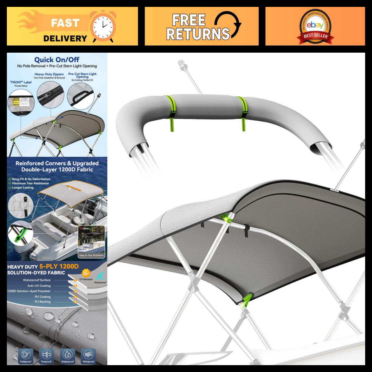 3 Bow 5-Ply 1200D Bimini Top Replacement Cover & Storage Boot - Durable Marine S