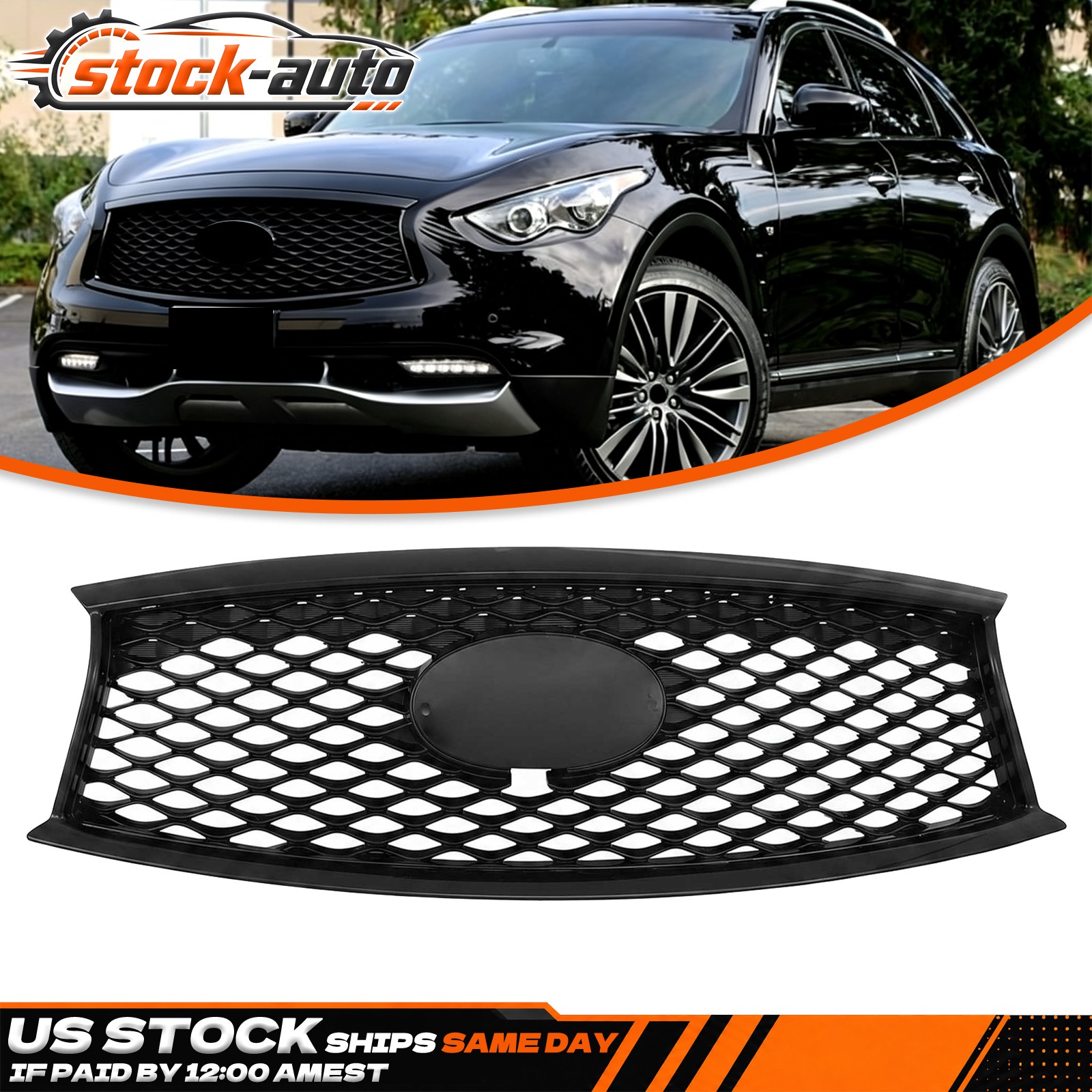 For 2014-2020 INFINITI QX70 Front Bumper Grille Gloss Black Grill W/ Camera Hole