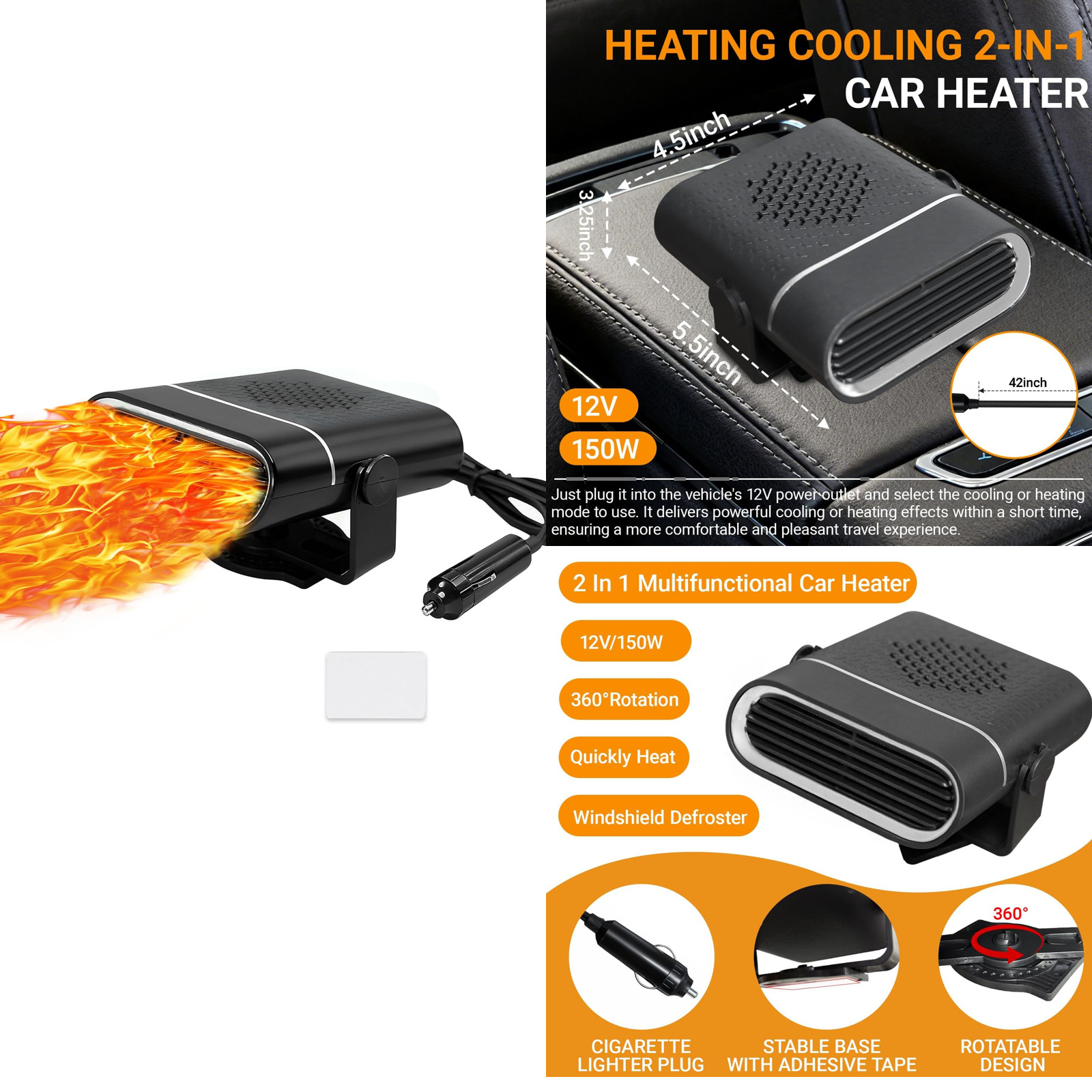Car Heater Fan 150W 12V Portable Auto Defroster with Dual Mode, 360 Degree