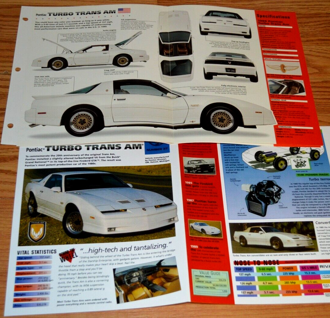 1989 Pontiac Firebird Turbo Trans Am Specs Info Original Brochure Poster 89 T/A