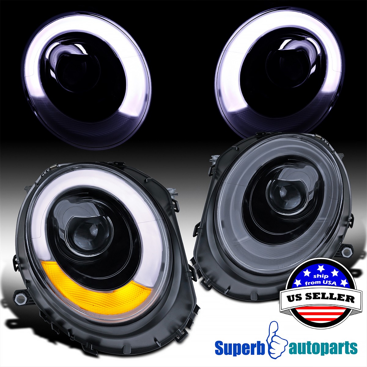 Fits 2007-2013 / 2012-2015 Mini Cooper Halo Rims LED Smoke Projector Headlights Fits 2007-2013 / 2012-2015 Mini Cooper Halo Rims LED Smoke Projector Headlights